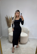 Vestido Canelado Premium Manga longa amarração nas costas